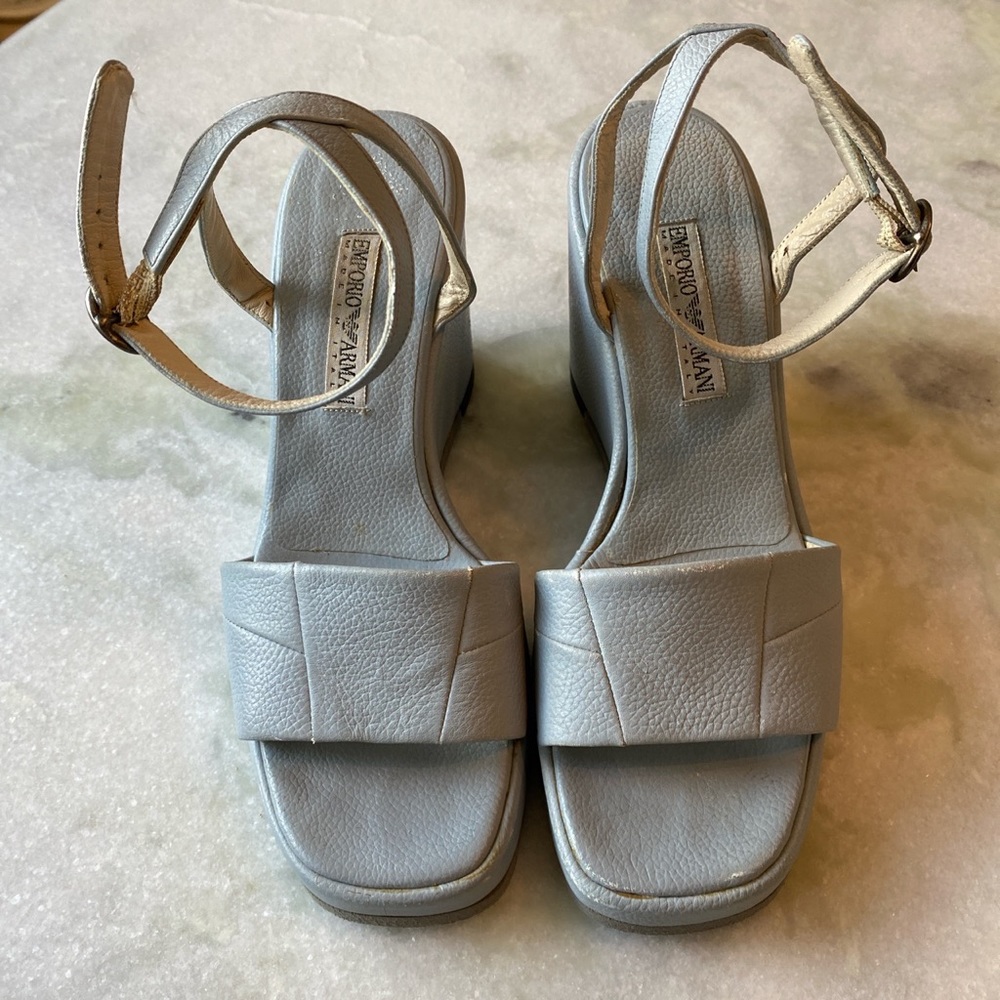 Armani wedges in dove grey leather, size 6.5.